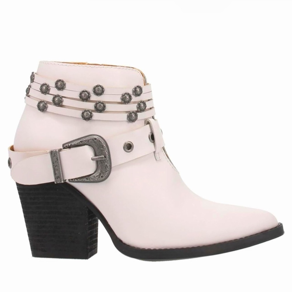 Dingo Born To Run White Leather Studded Buckle Ankle Heeled Cowgirl Boots DL242 - Picture 13 of 13